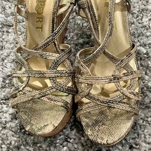 Gold snake print cork heel wedge